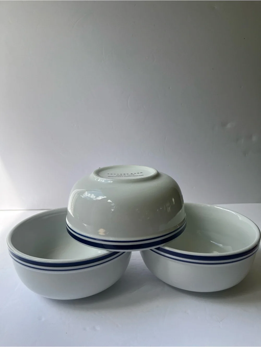 Pottery Barn 3 Blue White Stripe Coupe Cereal Soup Bowls Classic Coastal Retired
